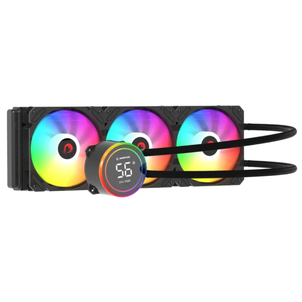 Rampage HELIOS C17 liquid cooled CPU cooler 12 cm BLACK with temperature display ARGB 360 mm. Intel LGA1700 / AMD AM5