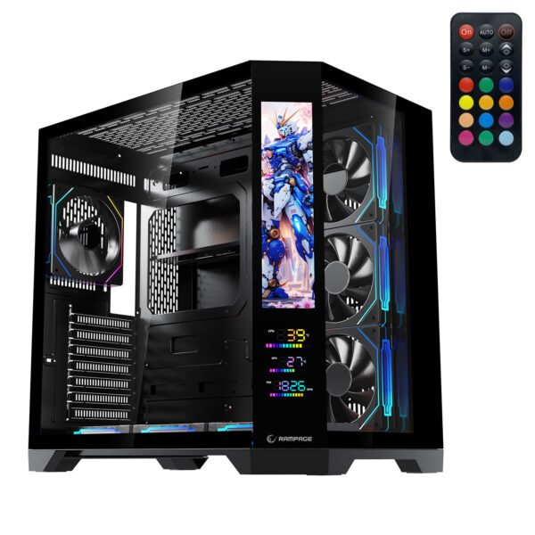 Rampage NOVA V2 9.16 LCD Screen Gaming PC Case with Hub and Remote Control, Black, 7x12cm ARGB PWM Fans